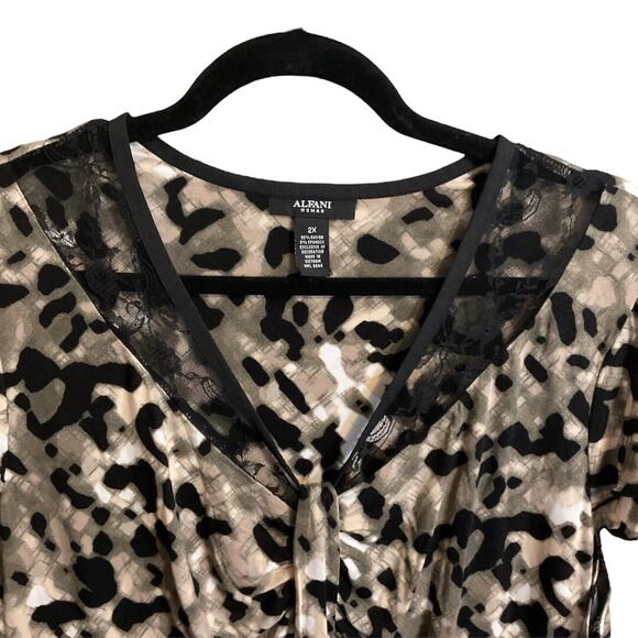 ALFANI Shirt Blouse Women's Plus 2XL Leopard Print Pleated Neck Tie Front Top - Picture 3 of 9